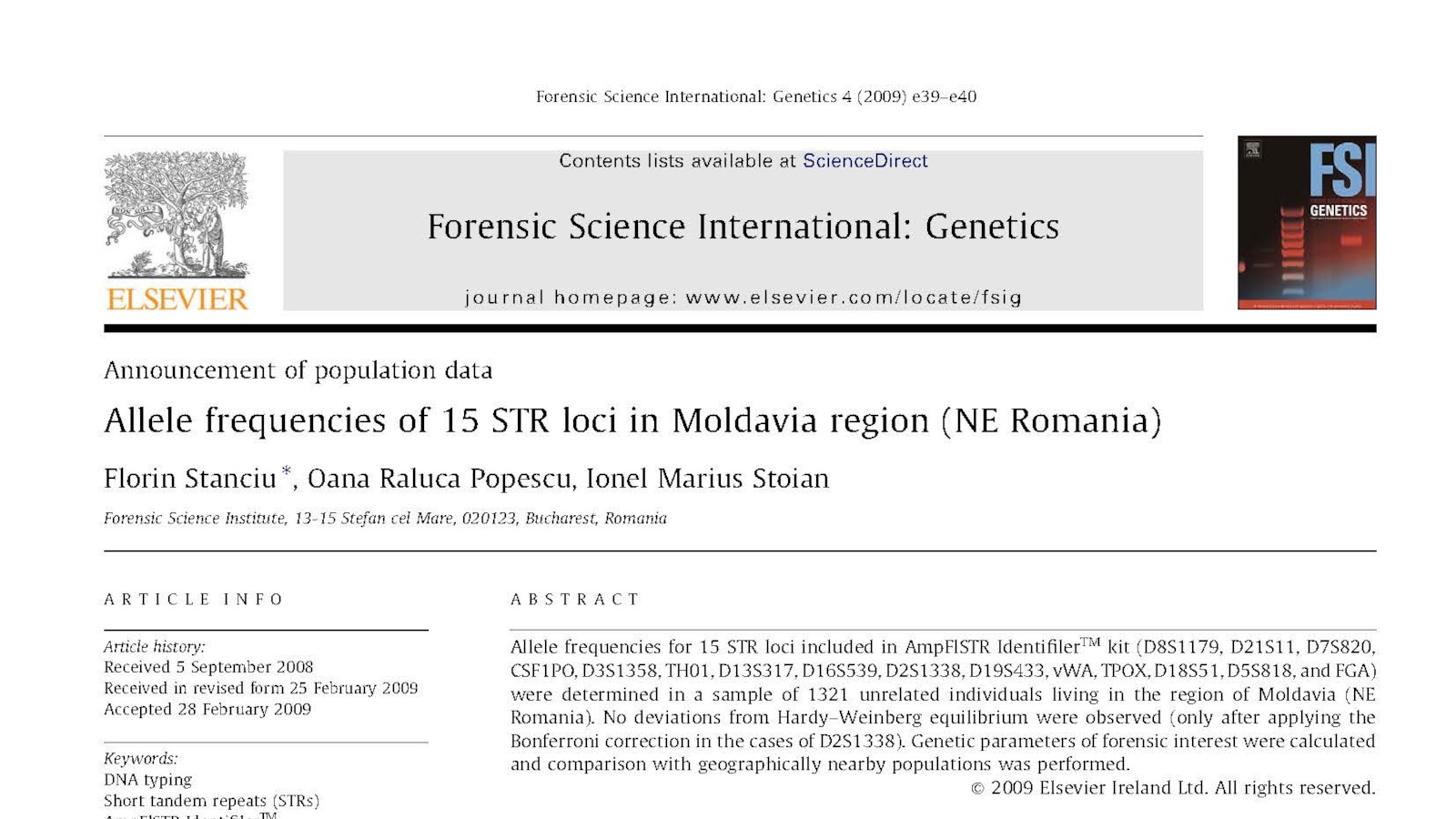2009 - Allele frequencies of 15 STR loci in Moldavia region (NE Romania)