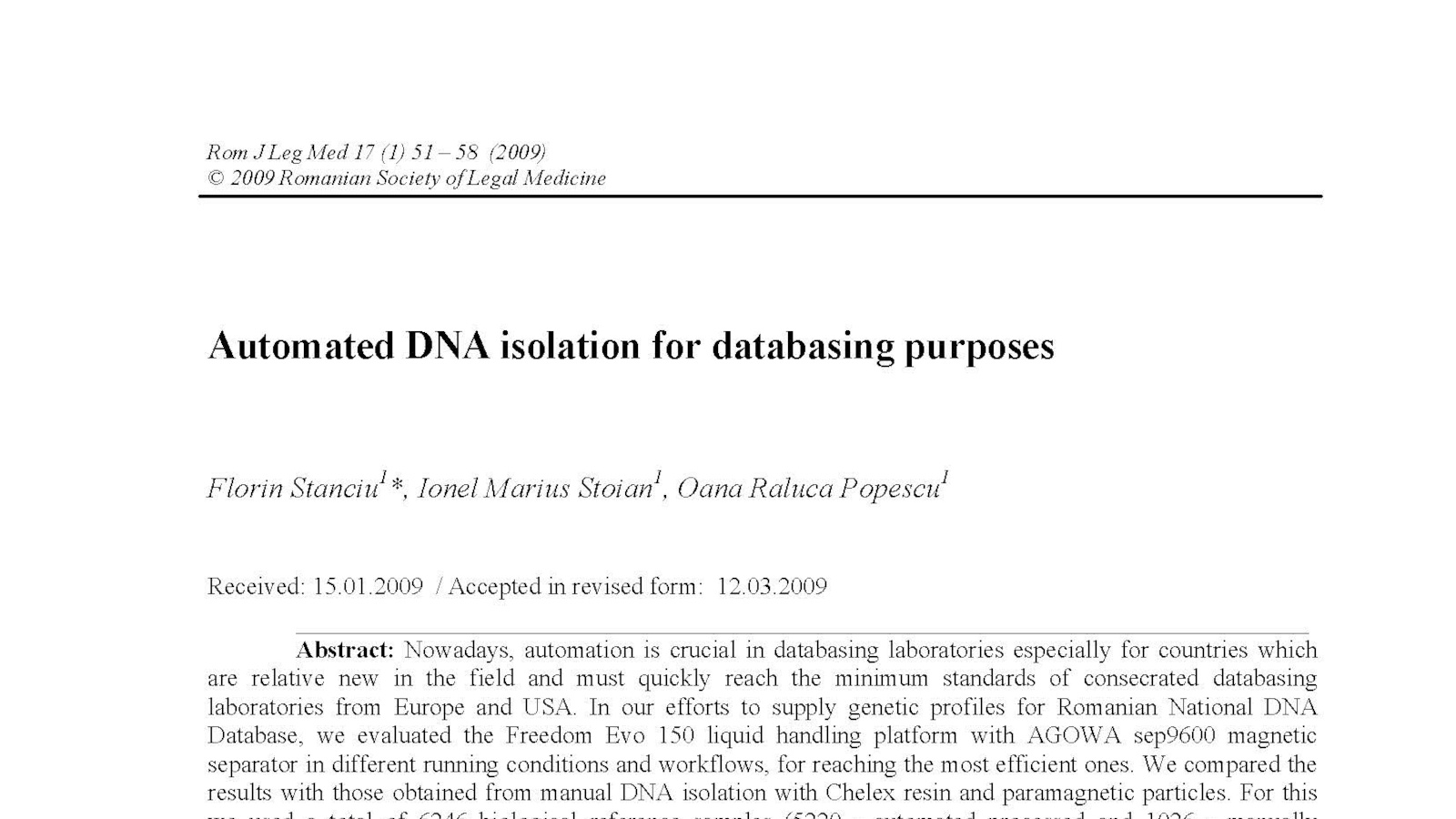 2009 - Automated DNA isolation for databasing purposes