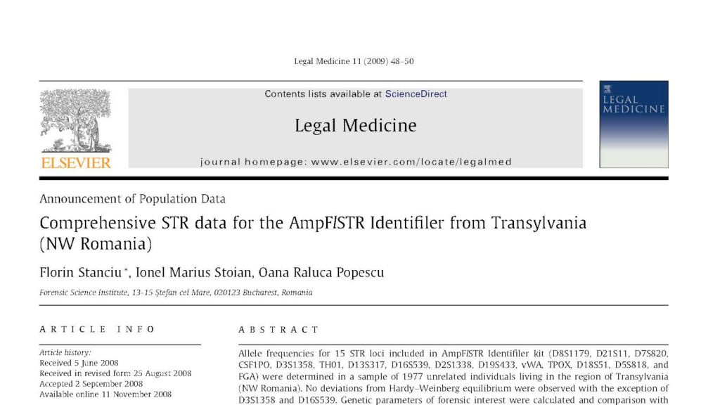 2009 - Comprehensive STR data for the AmpFlSTR Identifiler from Transylvania (NW Romania)