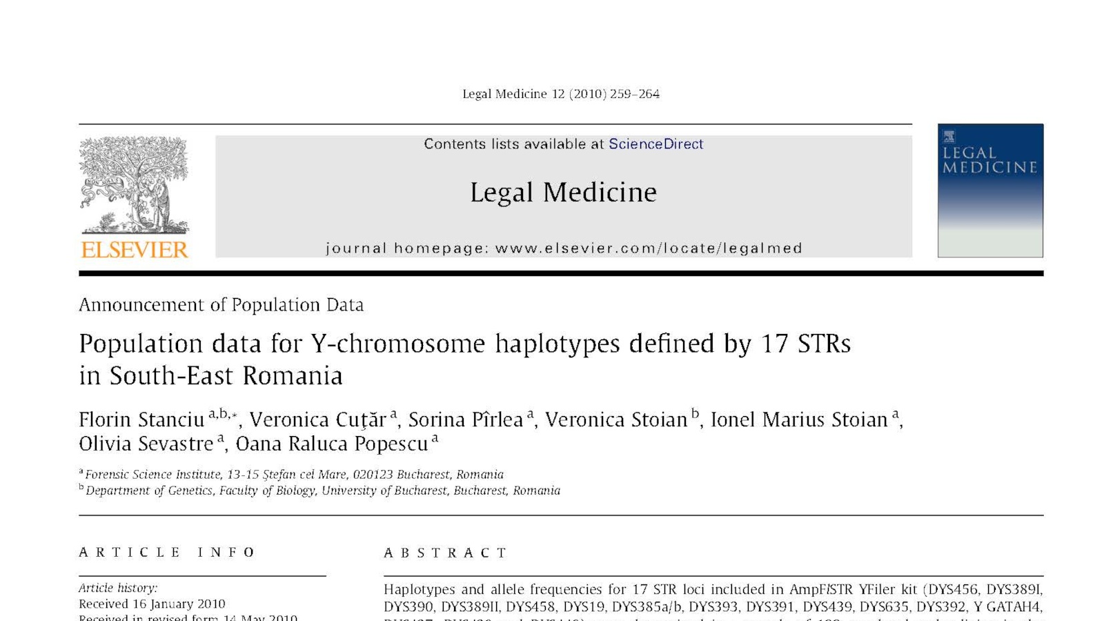 2010 - Population data for Y-chromosome haplotypes defined by 17 STRs in South-East Romania