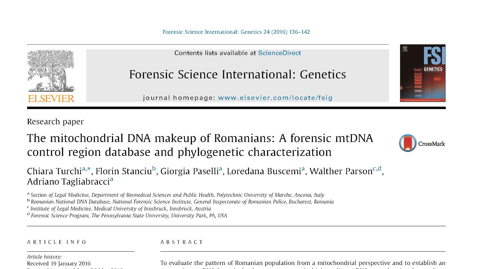 2016 - The mitochondrial DNA makeup of Romanians A forensic mtDNA control region database and phylogenetic characterization
