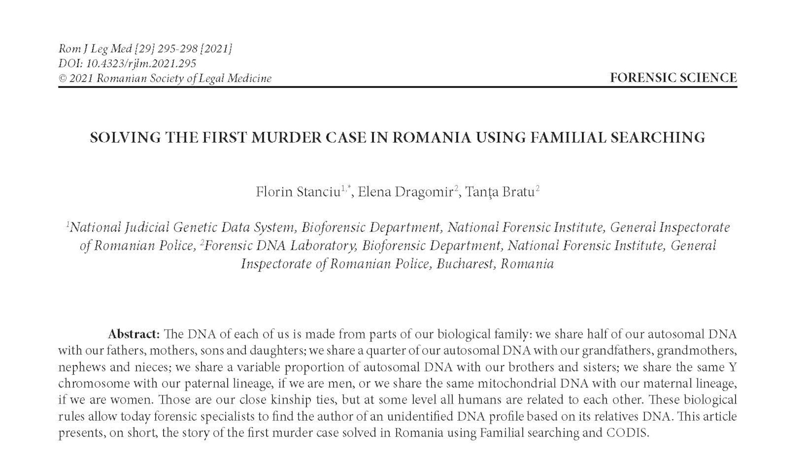Solving the first murder case in Romania using Familial Searching